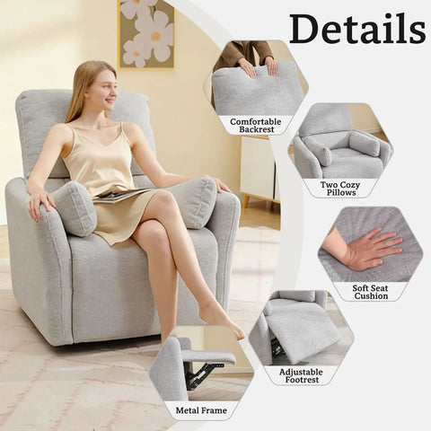 Woman sitting on Power Swivel Rocker Recliner Glider Chair For Adults With USB Type C Ports Large Suede Gray Electric Reclining Chair For Living Room Or Bedroom Cozy Comfort 270 Degree Swivel And Plush Cushions With Two Pillows in living room.