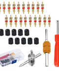All In One Tire Valve Stem Removal Tool Set With 20 Valve Cores And 10 Caps 4 Way And Dual Head Tire Repair Remover Installer Pro Grade