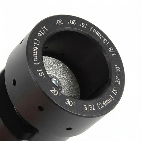 Close-up of Pro Grade Tungsten Sharpener Grinder Head for TIG Welding Rotary Tool with angle markings and diamond wheel.