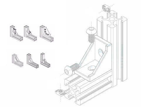 Illustration of 2020 Series Aluminum Profile Connector Set for 6mm slot extrusions with corner brackets, T slot nuts, M5x8mm bolts.