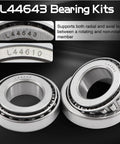 Close-up of Four Set L44643 Beefy Bearing Kit For 1 Inch Trailer Axle Wheel Hub Includes L44610 Bearings.