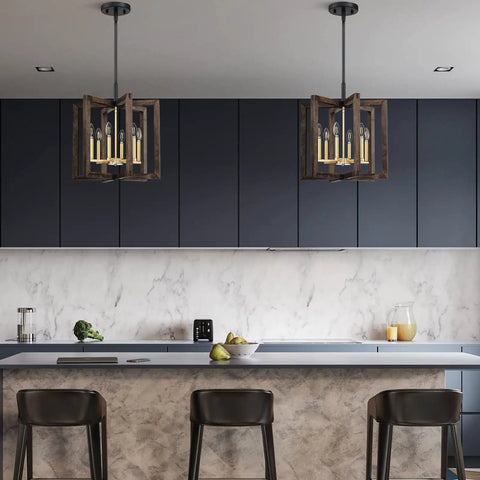 Six Light Farmhouse Ceiling Light With Adjustable Height Hand Painted Wood Finish Semi Flush Mount in modern kitchen