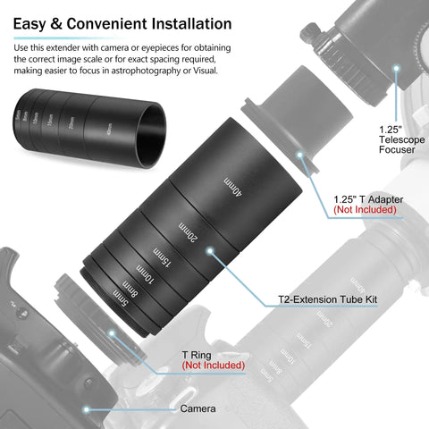 Diagram showing Astronomy T2 Extension Tube Kit for Cameras and Eyepieces with 5mm-40mm spacers, labeled installation guide