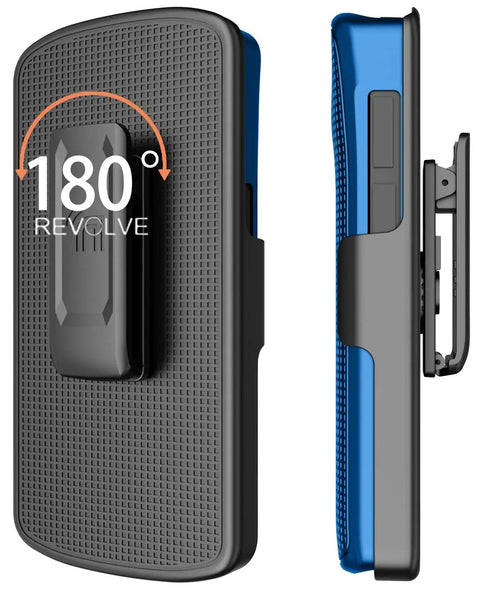 Kickass Protective Kickstand Case And Ratchet Holster Combo For Zebra TC53 TC58 Mobile Computer with 180 degree swivel clip in blue.