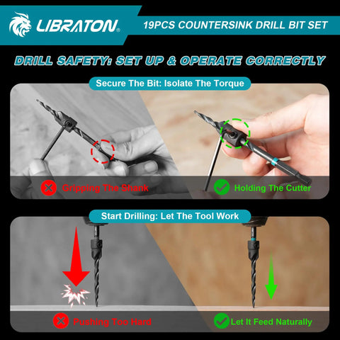 Diagram showing correct and incorrect usage of Countersink Drill Bit Set For Woodworking, 19 Piece Set With Tapered Bits.