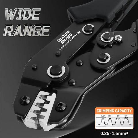 Close-up of SN-58B ratcheting crimper from Beast All In One 2870 Piece 2.54mm Connector Crimping Tool Kit with crimping range.