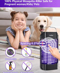 Child and dog next to an Outdoor And Indoor Mosquito Zapper Electric Insect Killer, showing spacing and safety features.