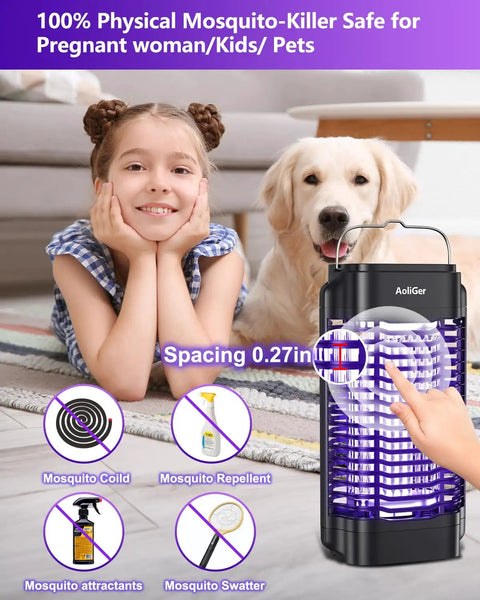 Child and dog next to an Outdoor And Indoor Mosquito Zapper Electric Insect Killer, showing spacing and safety features.