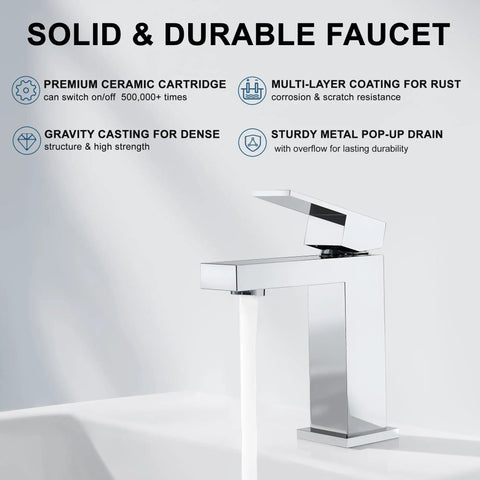 Single Hole Chrome Bathroom Faucet With Modern One Handle Design All Metal Pop Up Drain Ceramic Cartridge Built To Last Heavy Duty Square Vanity Sink Mixer Faucet For Smooth Durable Performance shown with water flow and construction details