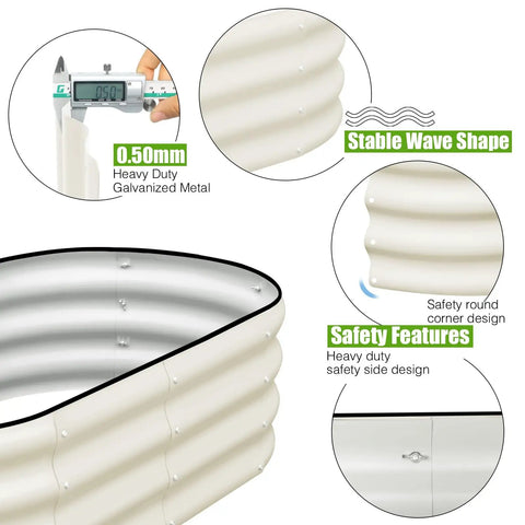 Close-up of Two Piece Galvanized Raised Garden Bed Set For Outdoor Use With No Fuss Oval Metal Planter Boxes showing safety features and wave design.
