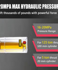 Diagram detailing hydraulic pressure specs with cylinder for 12V DC Double Solenoid Hydraulic Power Unit, 8L plastic reservoir.
