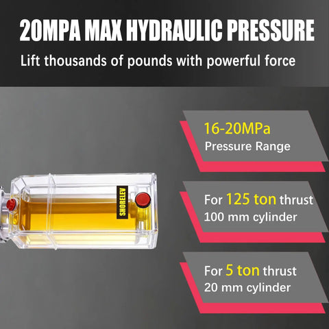 Diagram detailing hydraulic pressure specs with cylinder for 12V DC Double Solenoid Hydraulic Power Unit, 8L plastic reservoir.