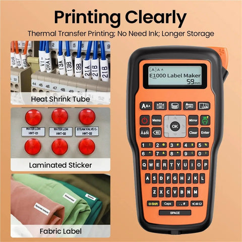 Slick E1000 Pro Handheld Portable Label Printer For Fast Industrial Marking On Multiple Surfaces With Hella Efficient Personalized Adhesive Labels And Boss Level Workspace Organization Tool In Classic Gray, displaying thermal transfer printing features.