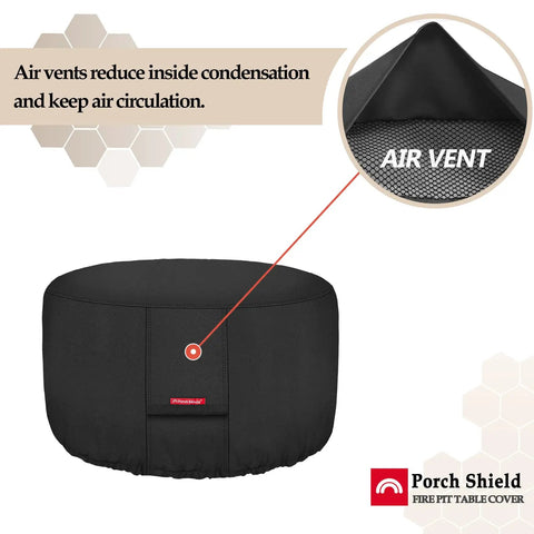 Heavy Duty Waterproof Fire Pit Cover for 36 Inch Round Fire Pit Bowl with air vent detail shown.