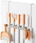 Over The Door Mop And Broom Holder No Drill Wall Mount With Four Slots And Hooks Wood Tool Hanger on white door