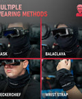 Flame Resistant Welding Neck Gaiter And Face Mask Black Bandana Style showing multiple wearing methods as mask, balaclava, neckerchief, wrist strap.