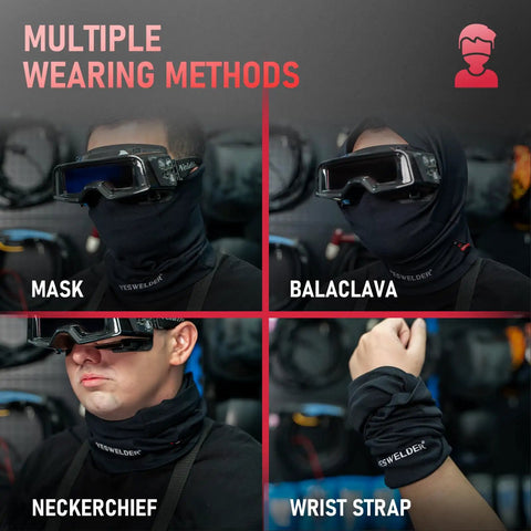 Flame Resistant Welding Neck Gaiter And Face Mask Black Bandana Style showing multiple wearing methods as mask, balaclava, neckerchief, wrist strap.