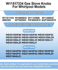 Chart showing compatibility for Easy Swap 5 Pack Gas Range Knob Replacements including models WEG745H0FS0 and WEG515S0FB0.