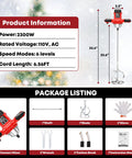 Dimensions and package contents of Heavy Duty 2300W 110V Handheld Electric Cement Mixer With Six Adjustable Speeds Workhorse Portable Mortar Mixer
