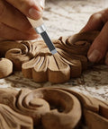 Detail of Pro Grade Ten Piece Wood Carving Chisel Set Forged From Heat Treated Chrome Vanadium Steel carving intricate design in wood.