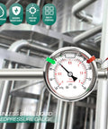 Stainless steel glycerin-filled vacuum/pressure gauge, 2.5-inch dial, 1/4 NPT, back-mount, installed on stainless pipe