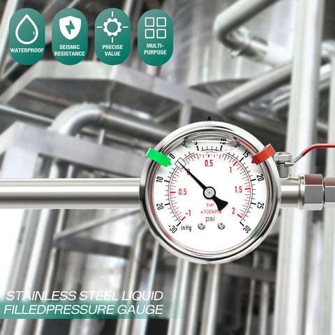 Stainless steel glycerin-filled vacuum/pressure gauge, 2.5-inch dial, 1/4 NPT, back-mount, installed on stainless pipe