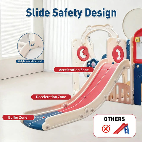 Detailed view of the slide from the 12 In 1 Outdoor Toddler Playset With Slide Swing Basketball Hoop Climbing Wall Tunnel And Hideout Kid Friendly