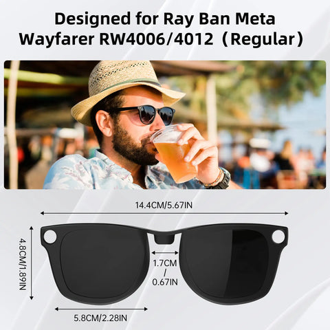Man wearing Polarized Clip On Sunglasses For Ray Ban Meta Wayfarer RW4006 And Gen 2 RW4012 Regular 50 22 Matte Black Frame outdoors.