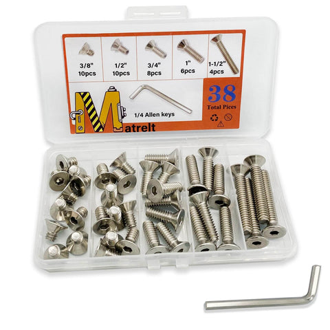 38 Piece Stainless Steel Socket Cap Screws Set With Countersunk Heads 1/4-20 Thread Five Sizes And Allen Keys Includes 3/8 1/2 3/4 1 And 1-1/2 Inch Lengths Corrosion Resistant 304 Stainless Hardware Kit For DIY in open plastic case