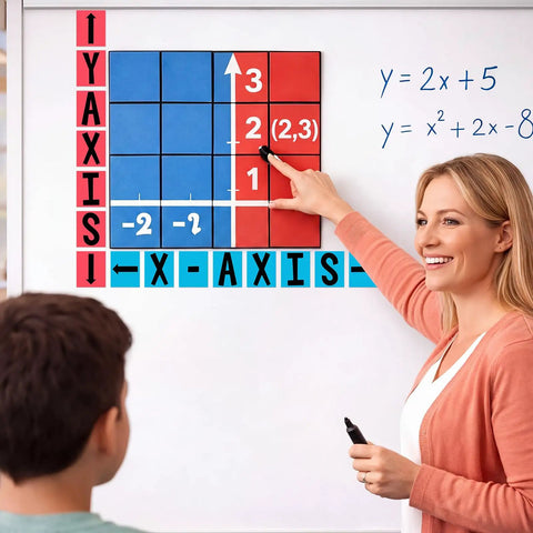 Teacher using 15 Pack Math Posters For Classrooms X Y Axis Coordinate Plane Graphing Tools with student in classroom.
