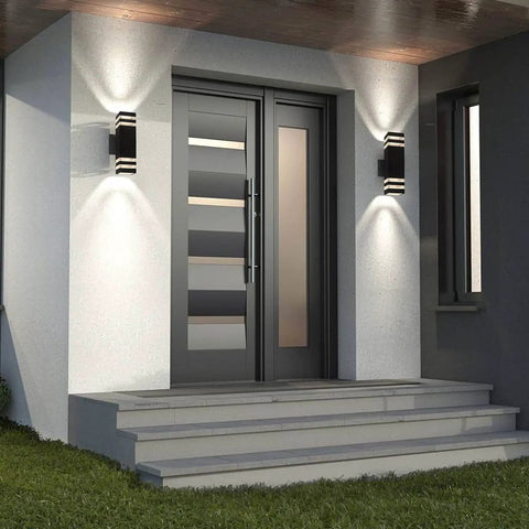 Dusk To Dawn Outdoor Wall Lights Up Down Exterior Sconces With E26 Socket Waterproof Anti Rust Porch Lanterns Wall Mount For House Patio Garage 2 Pack, installed on a modern grey entrance with glass door.