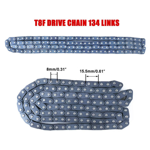 T8F Drive Chain 134 Links shown with link dimensions for 2 Stroke 43cc 47cc 49cc 50cc Pocket Bike Mini Chopper Dirt Bike ATV Quad Ebike