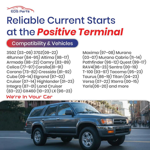 Positive Battery Terminal Connector 24340-7F000 compatibility list and Nissan SUV parked on street