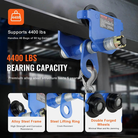 Manual Trolley for I Beams 2 Ton Load Capacity 4400 Lbs Dual Wheels Adjustable 2.5 to 7 Inches Flange Width, alloy steel frame