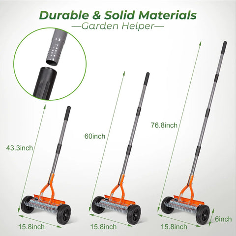 Roller Dethatching Rake With Wheels For Easy Push Across Your Lawn, 76.8 Inch Adjustable Handle, 2mm Stainless Steel Blades, three sizes