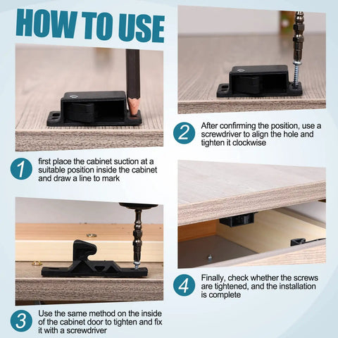 Installation guide for Bulk 20 Pack RV Drawer Latches with Mounting Screws, ABS plastic, showing screw alignment and tightening.