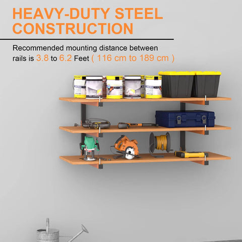 Badass Heavy Duty Lumber Rack Wall Mount With Six Level System For Garage Wood Storage Holds 720 Pounds Powder Coated Steel Organizer Rack Four Pack Orange featuring heavy-duty shelves and tools.