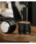 Pro Level Espresso Coffee Distributor And Tamper Set 58.35mm stainless steel and wood with adjustable depth for easy coffee tamping.