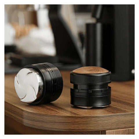 Pro Level Espresso Coffee Distributor And Tamper Set 58.35mm stainless steel and wood with adjustable depth for easy coffee tamping.