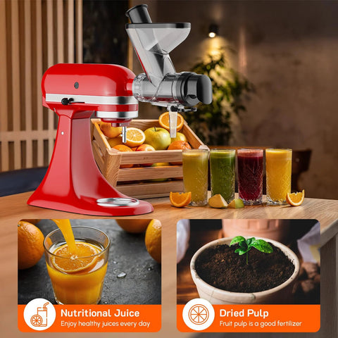 Front view of red KitchenAid stand mixer with Cofun masticating juicer attachment mounted, dual feed chute.
