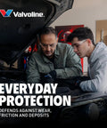 Two men inspecting a car engine with text promoting Non Detergent SAE 30 Conventional Motor Oil 1 Quart With Beefed Up Anti Wear Protection.