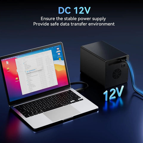 Super Solid Four Bay Hard Drive Enclosure With Built In Cooling Fan For 2.5 And 3.5 Inch Sata Ssd Or Hdd, connected to laptop with 12V power supply.