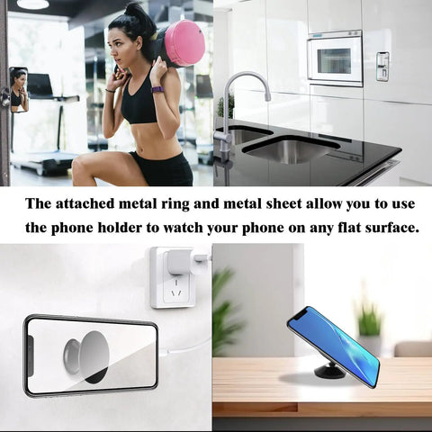 Dual Magnetic Phone Holder With 360 Degree Adjustable Mount in gym and kitchen settings, showing hands-free use with MagSafe case.