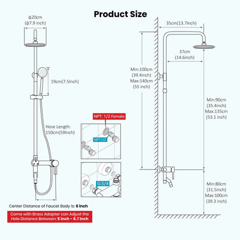 Diagram of Upgrade Your Shower With A Rugged Stainless Steel 8 Inch Rain Head System specifications, measurements, and components.