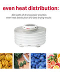 Snag This Badass Hella Reliable Four Tray Food Dehydrator For Herbs Fruit And Beef Jerky With Even Heat Distribution And Clear Top Viewing In Speckled White with four trays stacked.