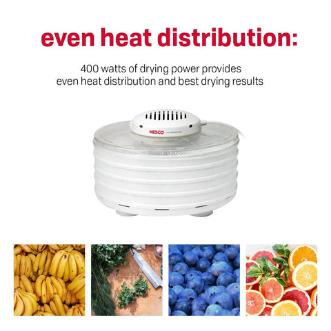 Snag This Badass Hella Reliable Four Tray Food Dehydrator For Herbs Fruit And Beef Jerky With Even Heat Distribution And Clear Top Viewing In Speckled White with four trays stacked.