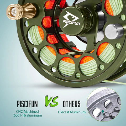 Close-up of Preloaded Sword Fly Fishing Reel With Line CNC Machined Aluminum Alloy Construction Lightweight And Corrosion Resistant 5/6Wt Olive Green