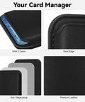 Collage showing MagSafe Leather Card Holder With Beefy Magnetic RFID Shield For iPhone 12 Through 17 Series Pro And Pro Max Stick On Wallet Case N52 Magnets RFID Blocking Slim Black highlighting capacity, paint edge, anti-degaussing layer, and leather texture