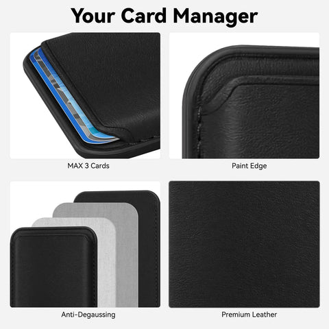 Collage showing MagSafe Leather Card Holder With Beefy Magnetic RFID Shield For iPhone 12 Through 17 Series Pro And Pro Max Stick On Wallet Case N52 Magnets RFID Blocking Slim Black highlighting capacity, paint edge, anti-degaussing layer, and leather texture