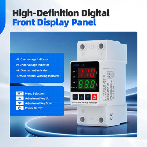 Smart Voltage Protector For 110V Homes Adjustable 1 To 63A Circuit Breaker with digital display and indicators.